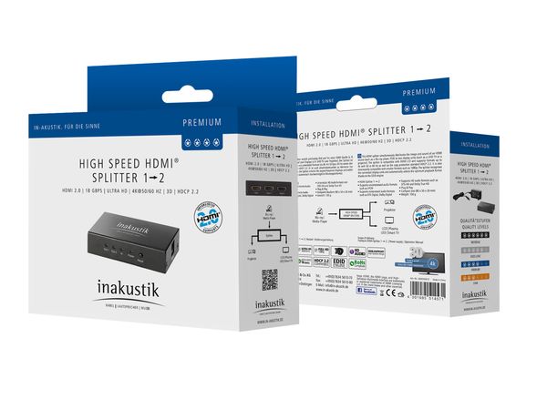 In-akustik Premium HDMI splitter 1&lt;2 – UHD 18.2 Gbps
